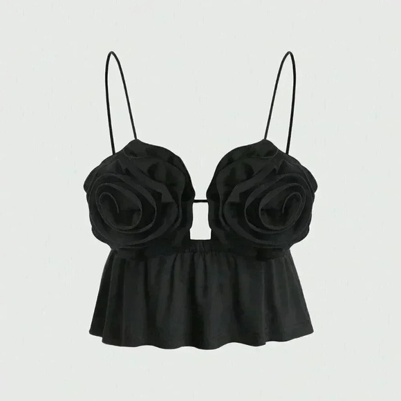 Black Sexy Women's Hollow Out Front Tank Top With 3d Flower Decor - Picture 1 of 4